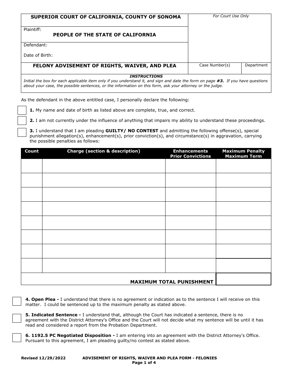 Felony Advisement of Rights, Waiver, and Plea - County of Sonoma, California, Page 1
