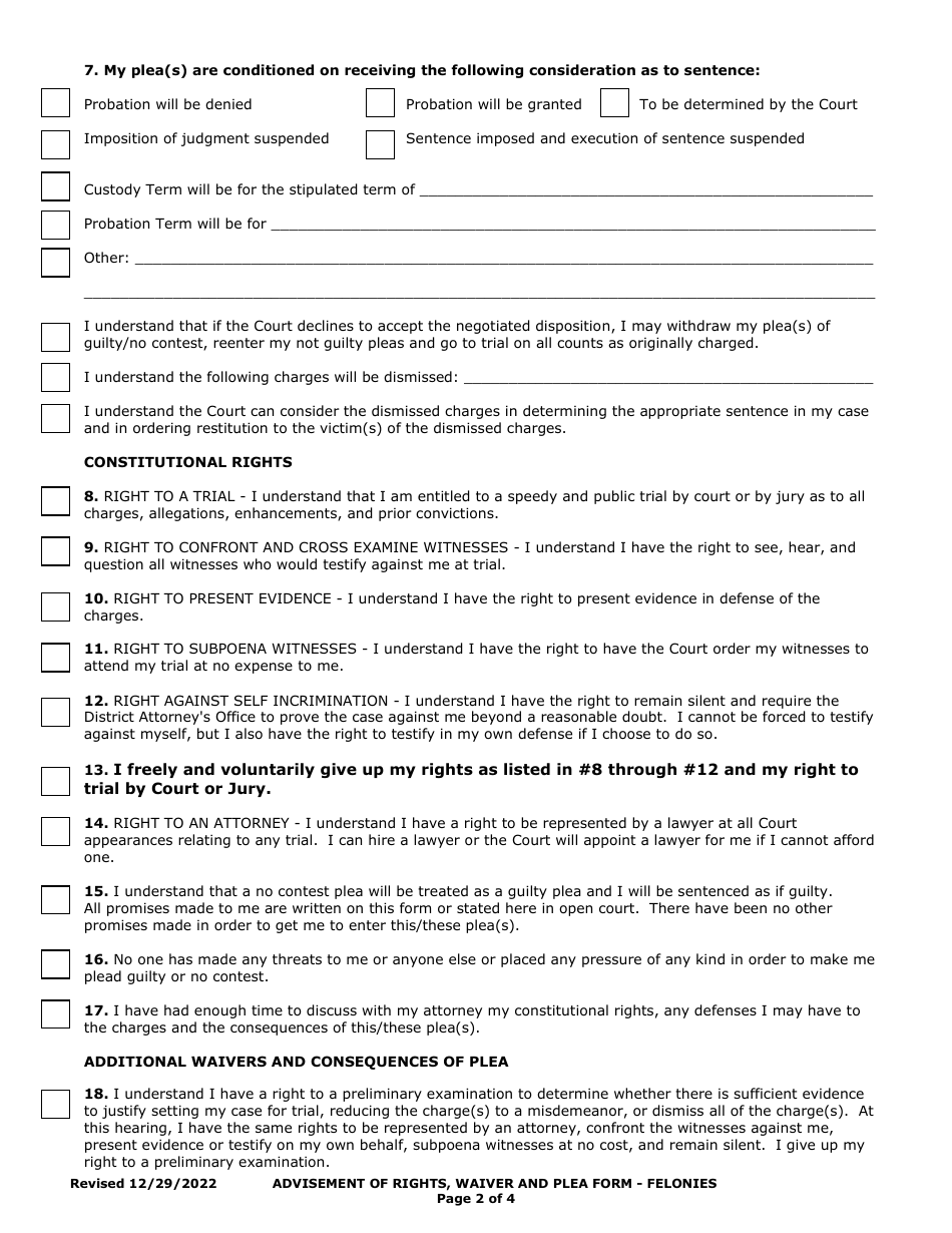Felony Advisement of Rights, Waiver, and Plea - County of Sonoma, California, Page 2