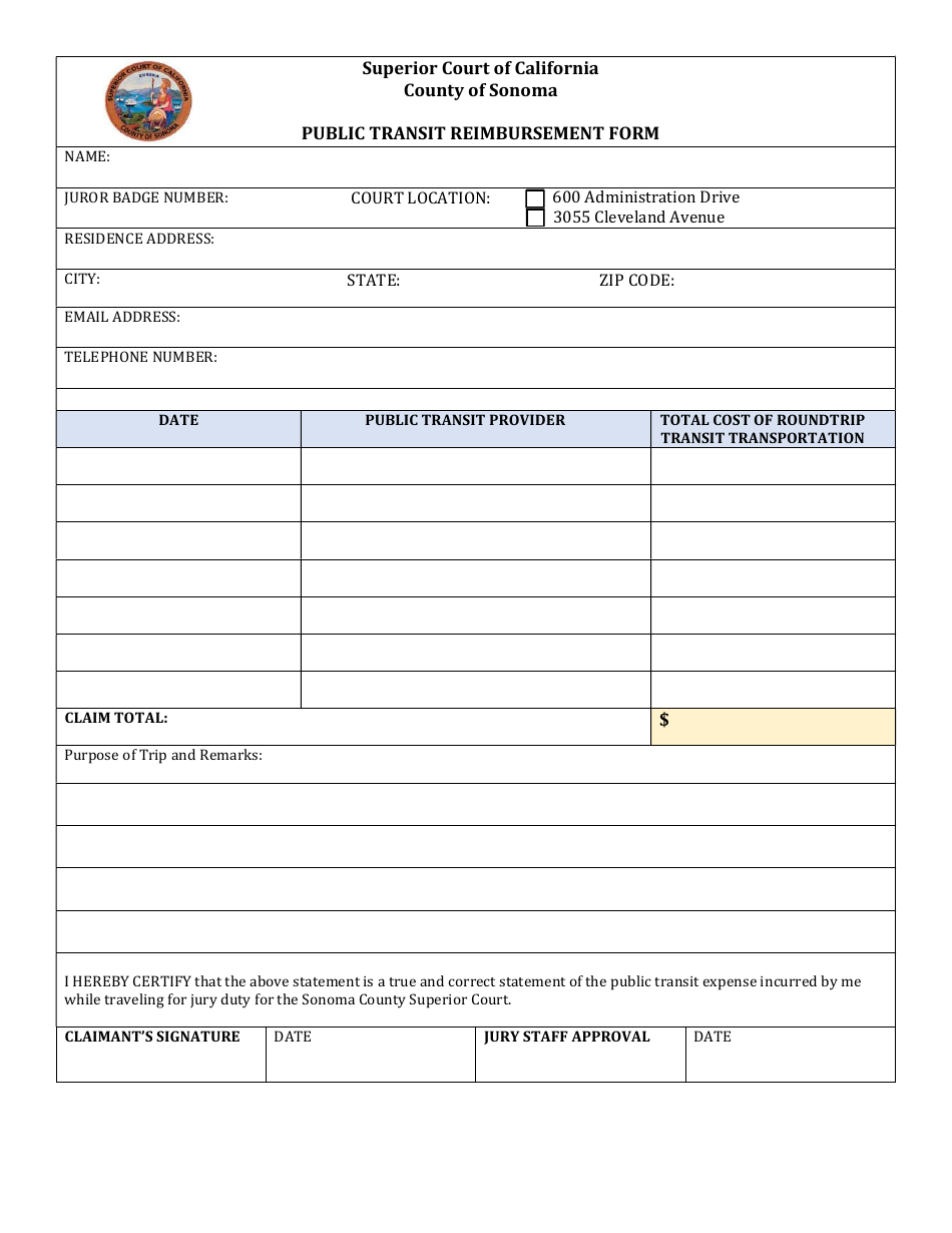 Public Transit Reimbursement Form - County of Sonoma, California, Page 1