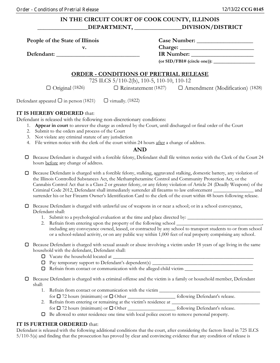 Form CCG0145 Order - Conditions of Pretrial Release - Cook County, Illinois, Page 1