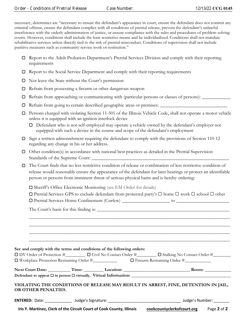 Form CCG0145 Order - Conditions of Pretrial Release - Cook County, Illinois, Page 2