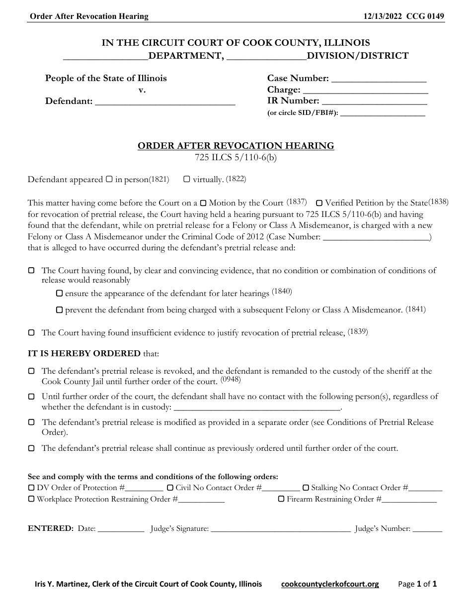 Form CCG0149 Order After Revocation Hearing - Cook County, Illinois, Page 1
