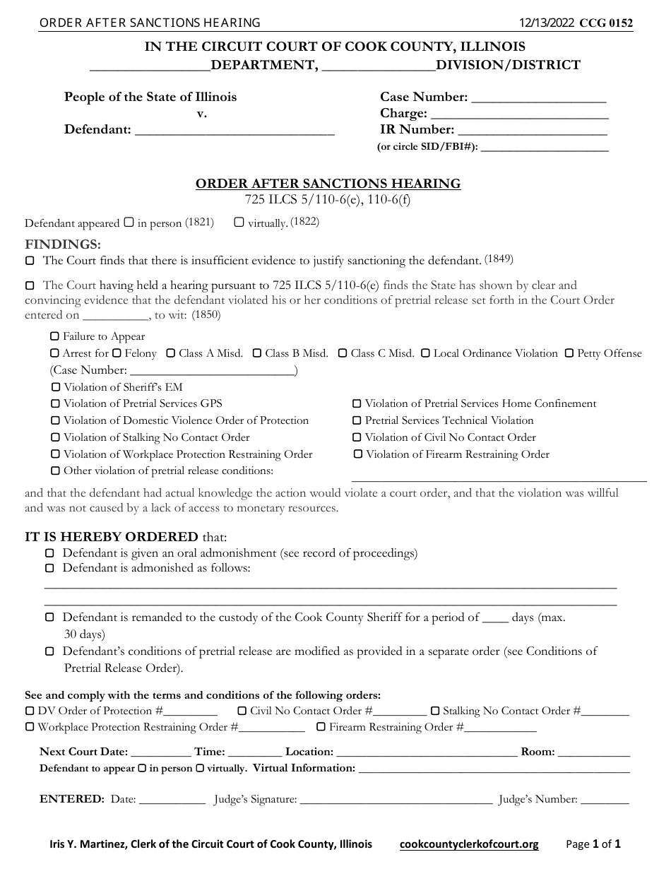 Form CCG0152 Order After Sanctions Hearing - Cook County, Illinois, Page 1