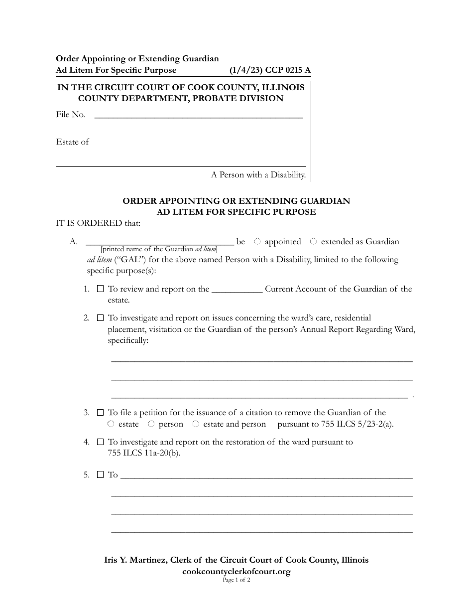 Form CCP0215 Order Appointing or Extending Guardian Ad Litem for Specific Purpose - Cook County, Illinois, Page 1