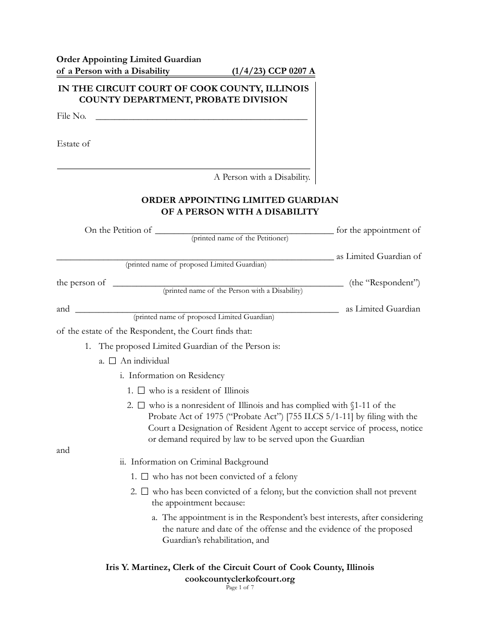 Form CCP0207 Order Appointing Limited Guardian of a Person With a Disability - Cook County, Illinois, Page 1