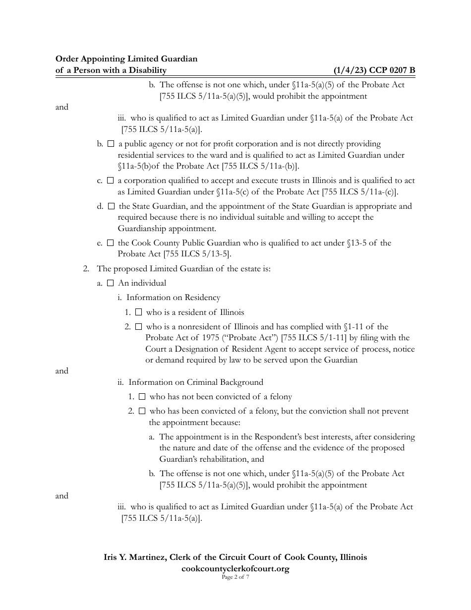 Form CCP0207 Order Appointing Limited Guardian of a Person With a Disability - Cook County, Illinois, Page 2