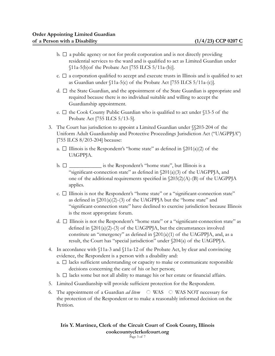 Form CCP0207 Order Appointing Limited Guardian of a Person With a Disability - Cook County, Illinois, Page 3