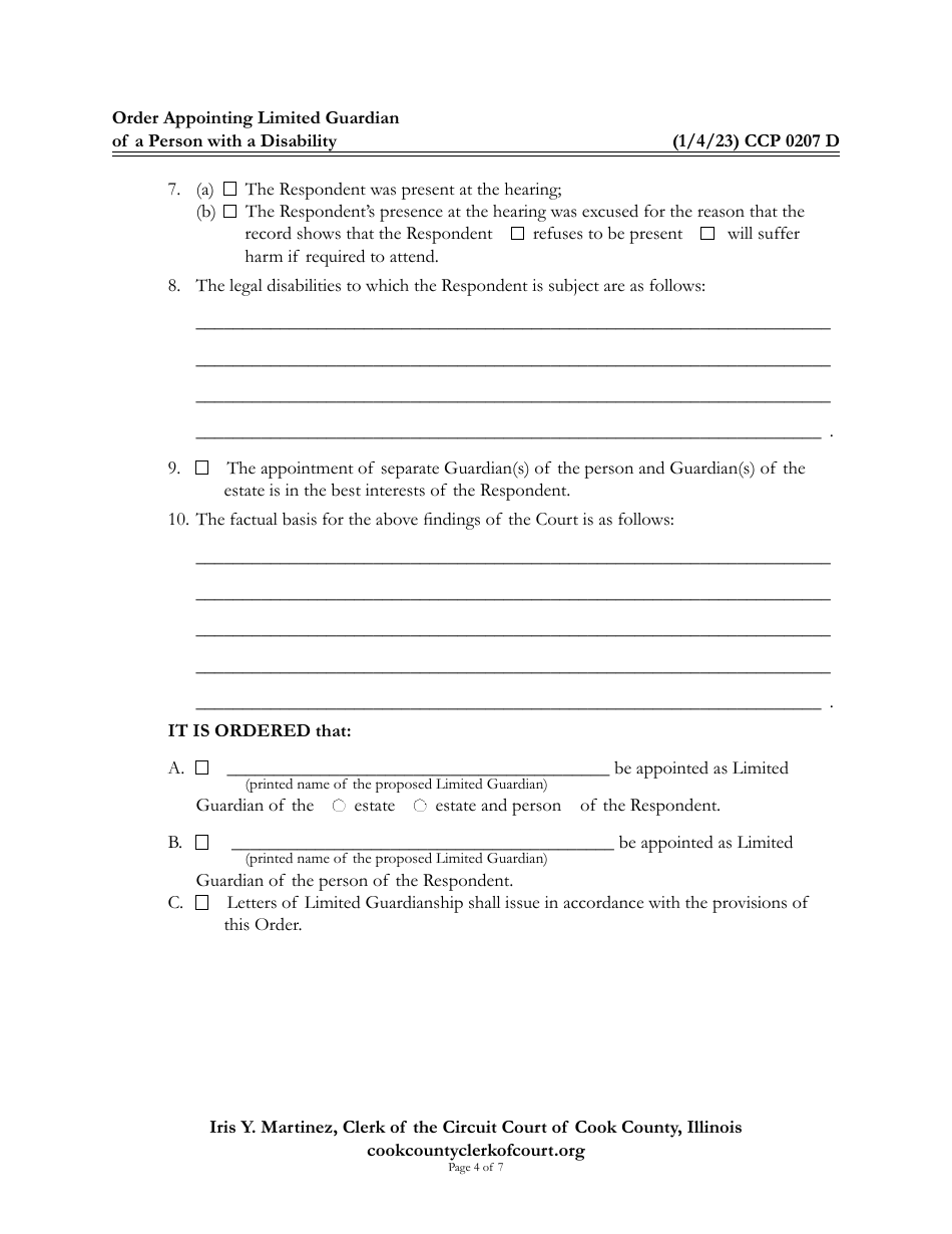 Form CCP0207 Order Appointing Limited Guardian of a Person With a Disability - Cook County, Illinois, Page 4