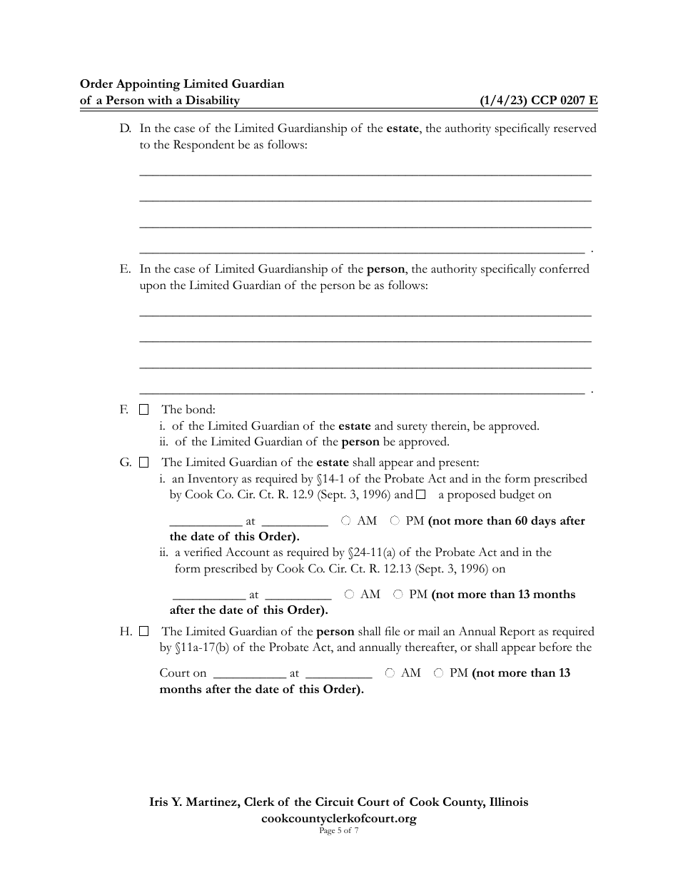 Form CCP0207 Order Appointing Limited Guardian of a Person With a Disability - Cook County, Illinois, Page 5