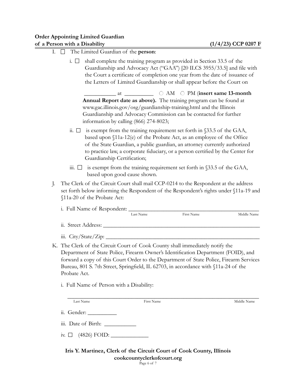 Form CCP0207 Order Appointing Limited Guardian of a Person With a Disability - Cook County, Illinois, Page 6