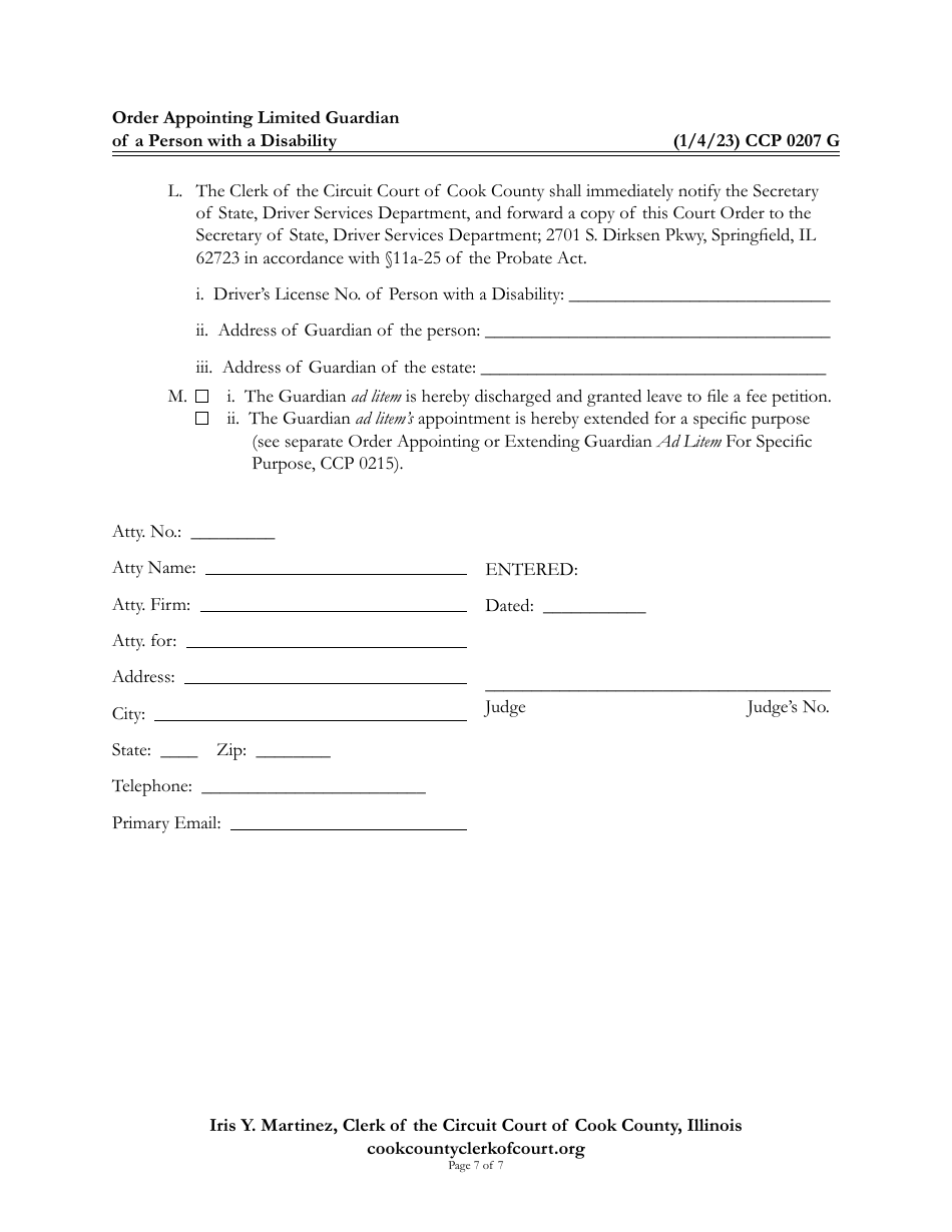 Form CCP0207 Order Appointing Limited Guardian of a Person With a Disability - Cook County, Illinois, Page 7