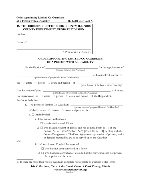 Form CCP0232 Order Appointing Limited Co-guardians of a Person With a Disability - Cook County, Illinois