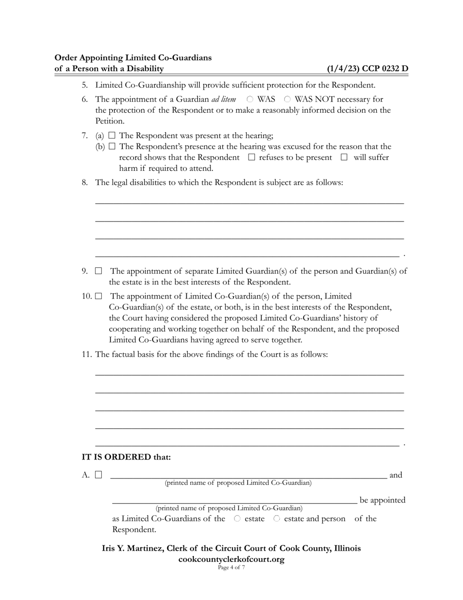 Form CCP0232 Order Appointing Limited Co-guardians of a Person With a Disability - Cook County, Illinois, Page 4