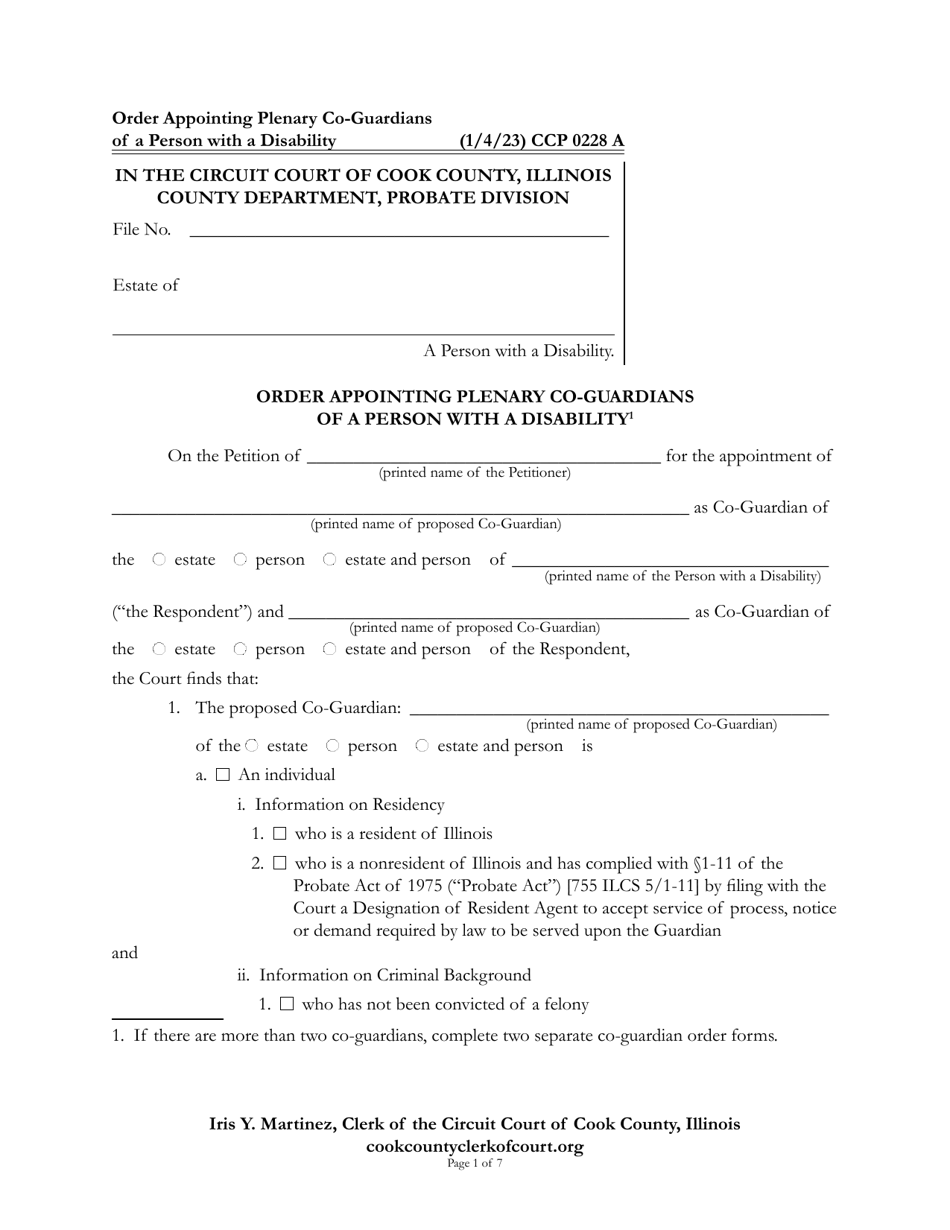 Form CCP0228 Order Appointing Plenary Co-guardians of a Person With a Disability - Cook County, Illinois, Page 1