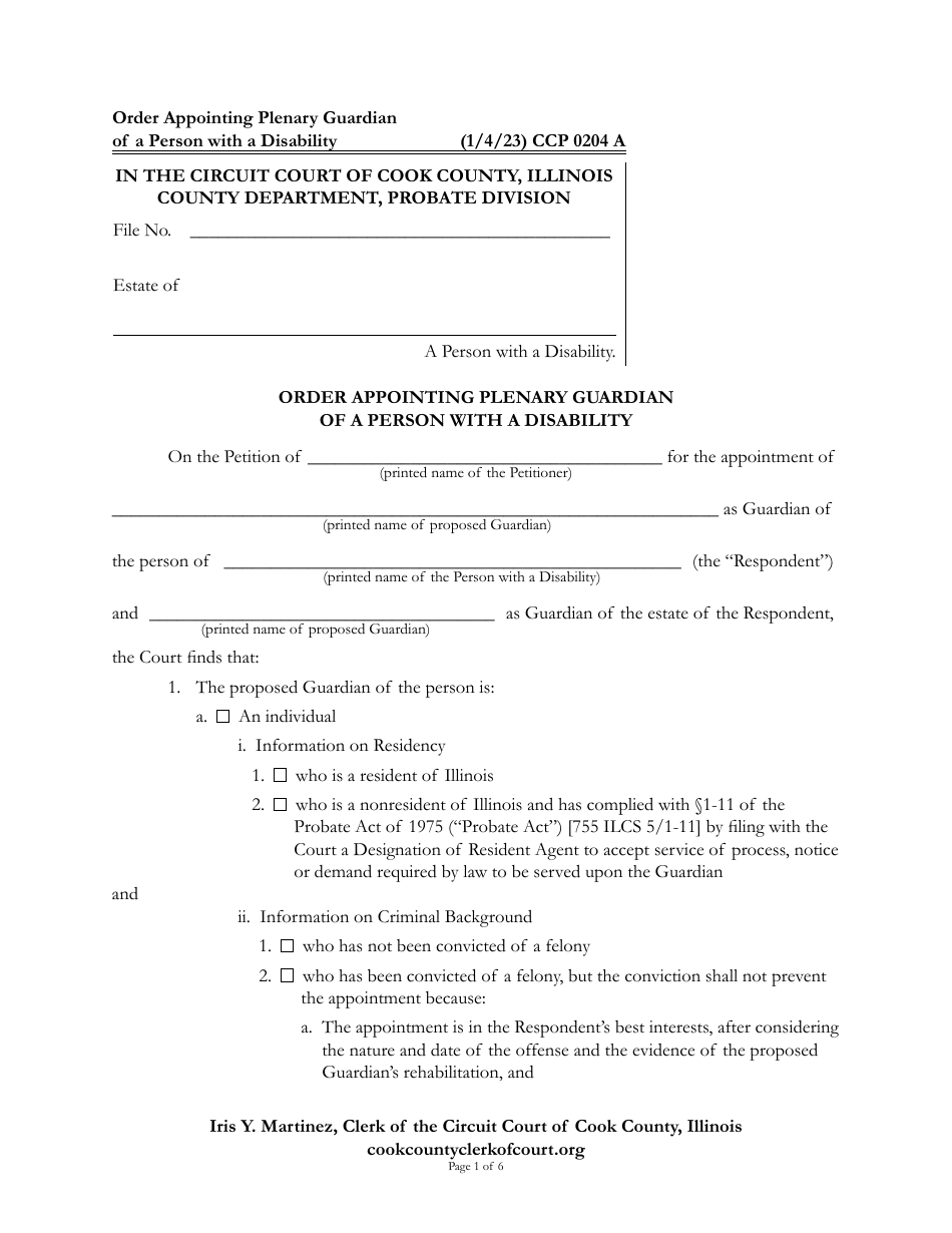 Form CCP0204 Order Appointing Plenary Guardian of a Person With a Disability - Cook County, Illinois, Page 1