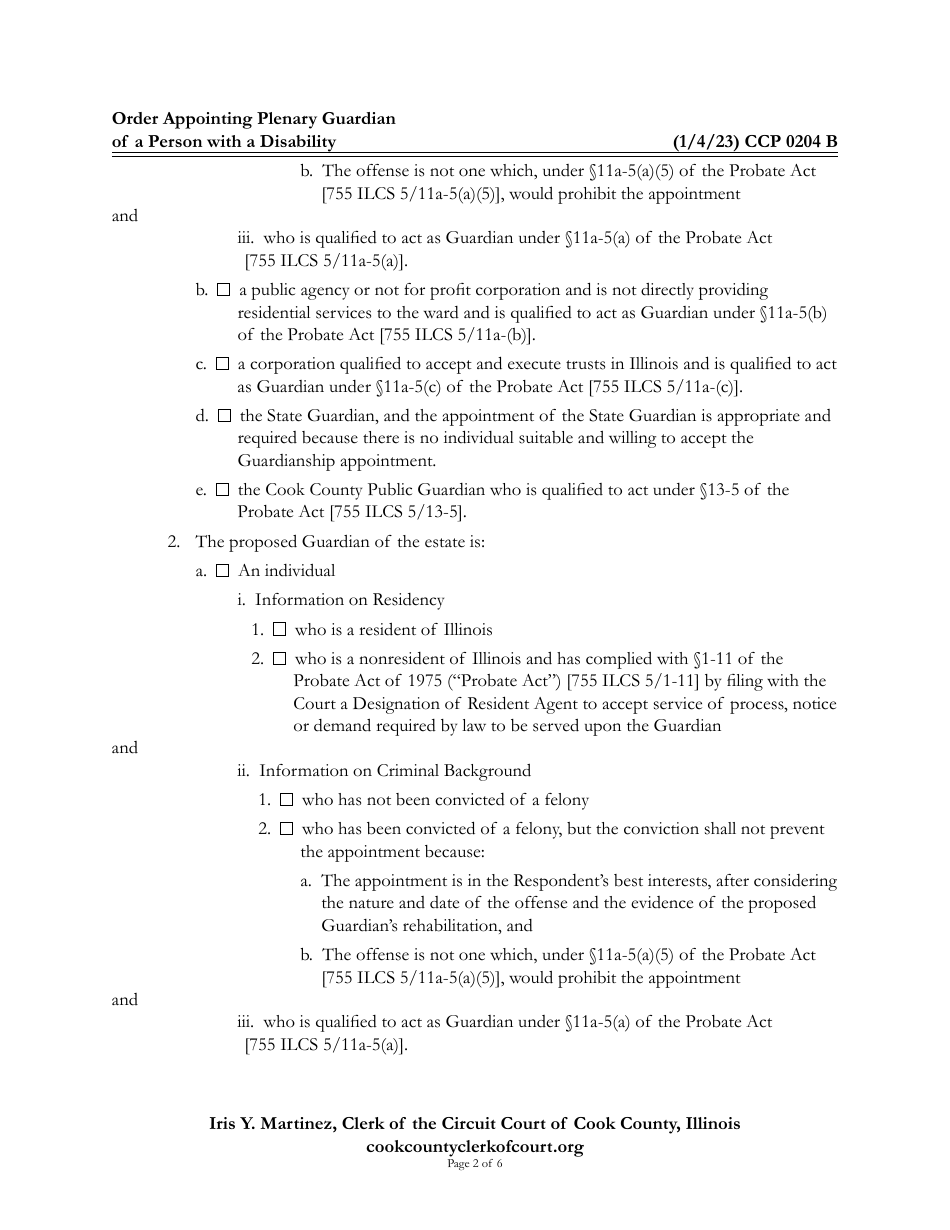 Form CCP0204 Order Appointing Plenary Guardian of a Person With a Disability - Cook County, Illinois, Page 2