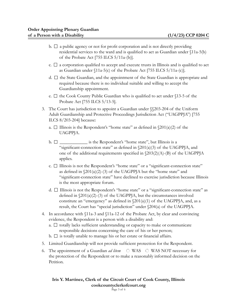 Form CCP0204 Order Appointing Plenary Guardian of a Person With a Disability - Cook County, Illinois, Page 3