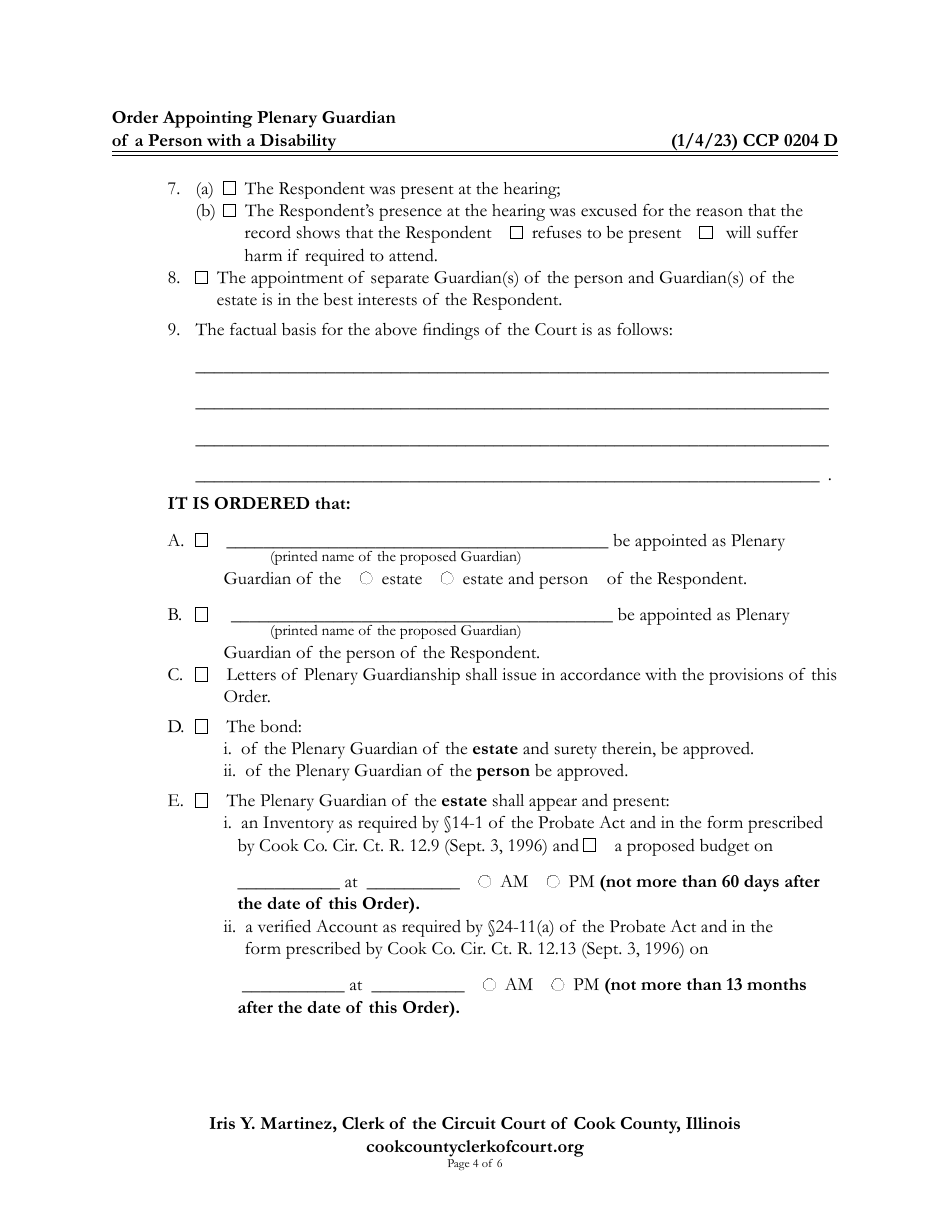Form CCP0204 Order Appointing Plenary Guardian of a Person With a Disability - Cook County, Illinois, Page 4