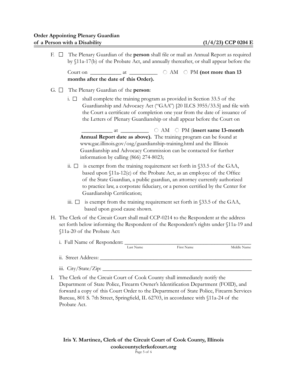 Form CCP0204 Order Appointing Plenary Guardian of a Person With a Disability - Cook County, Illinois, Page 5