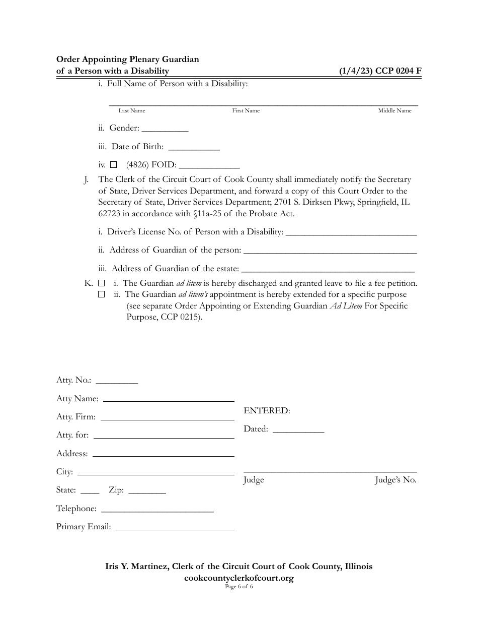 Form CCP0204 Order Appointing Plenary Guardian of a Person With a Disability - Cook County, Illinois, Page 6