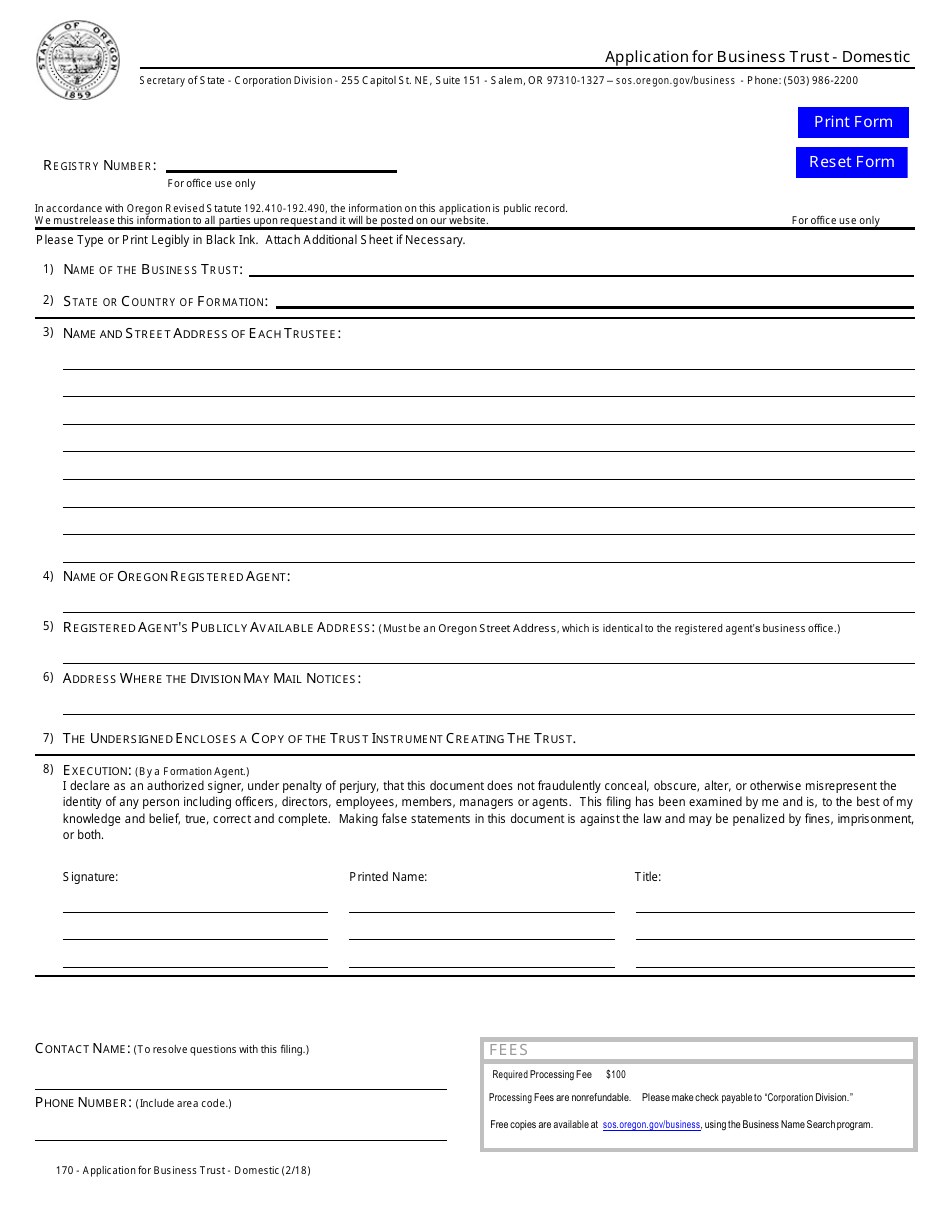 Application for Business Trust - Domestic - Oregon, Page 1
