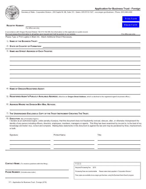 Application for Business Trust - Foreign - Oregon Download Pdf