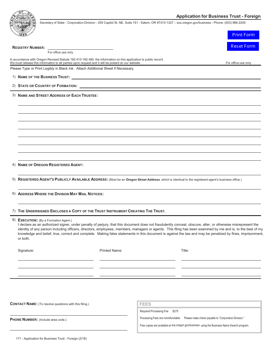 Application for Business Trust - Foreign - Oregon, Page 1