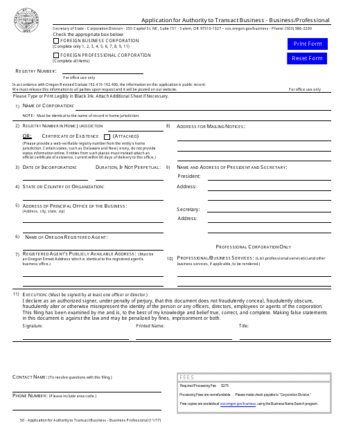 Application for Authority to Transact Business - Business / Professional - Oregon Download Pdf