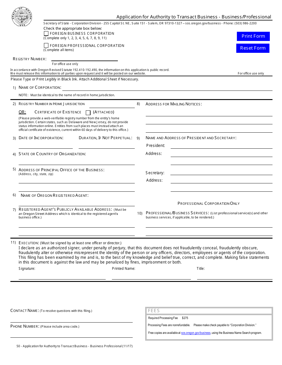 Application for Authority to Transact Business - Business / Professional - Oregon, Page 1
