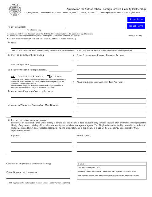 Application for Authorization - Foreign Limited Liability Partnership - Oregon Download Pdf