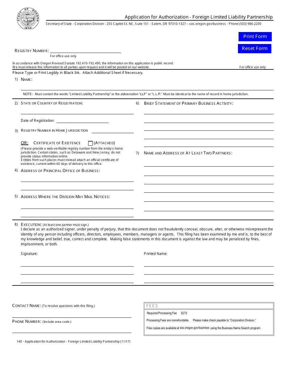 Application for Authorization - Foreign Limited Liability Partnership - Oregon, Page 1