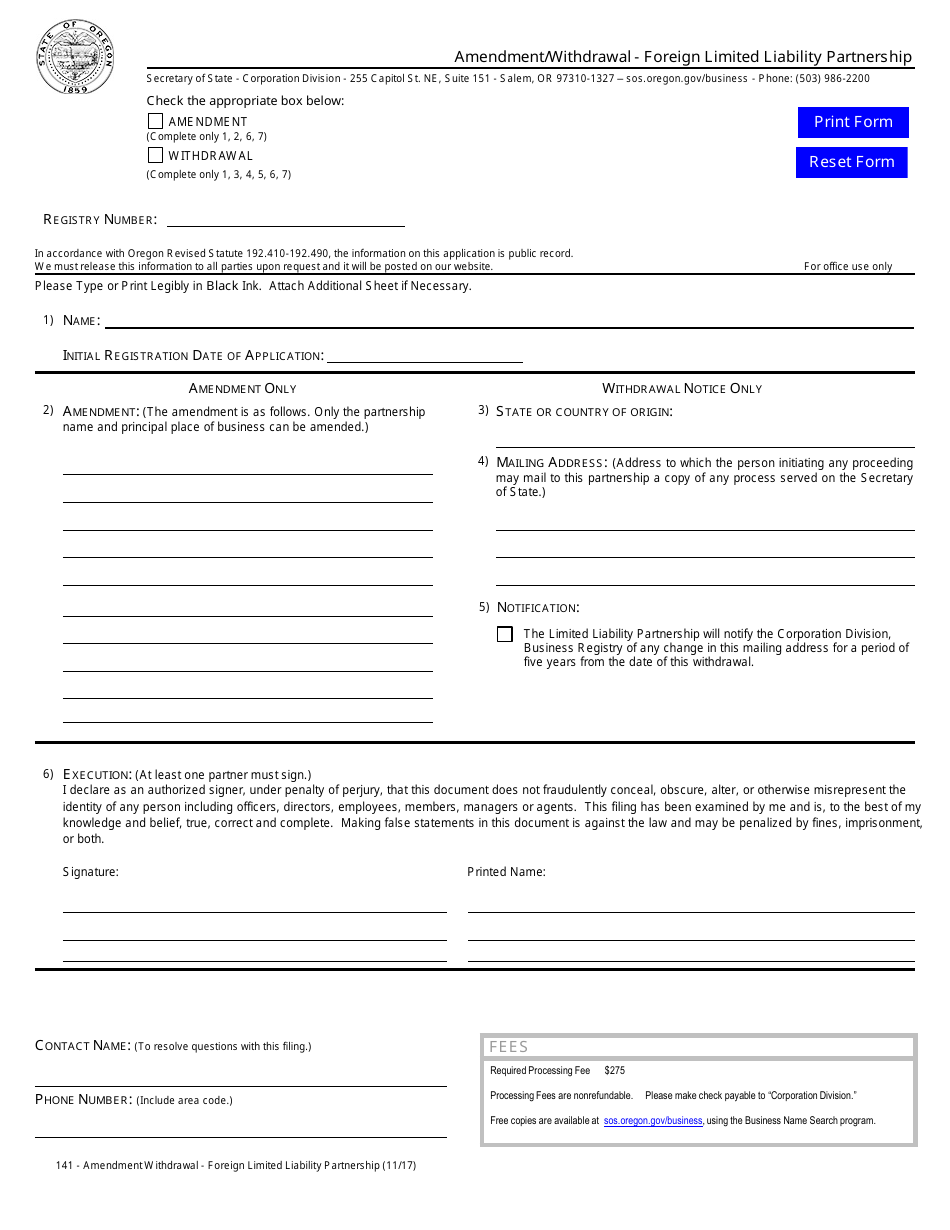 Amendment / Withdrawal - Foreign Limited Liability Partnership - Oregon, Page 1
