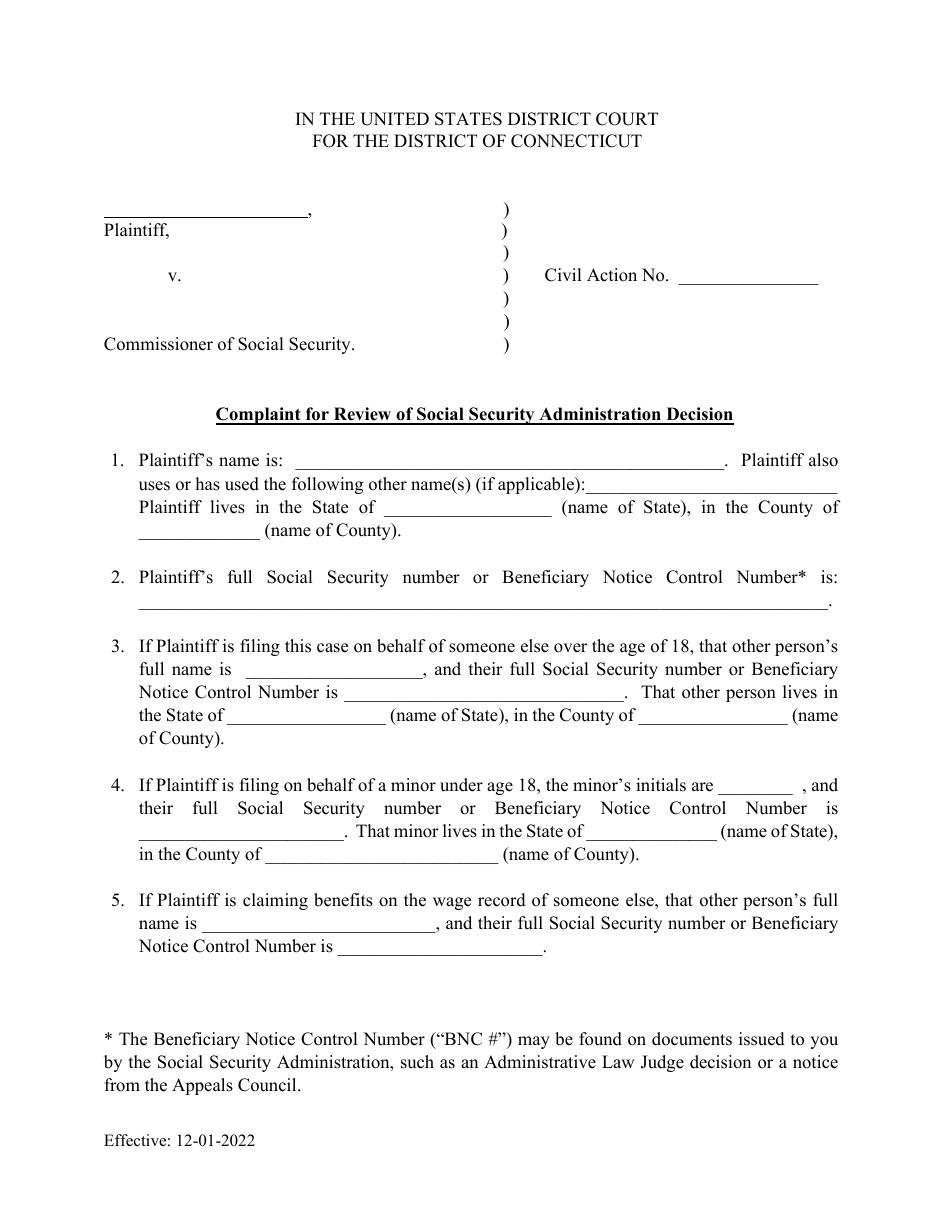 Complaint for Review of Social Security Administration Decision - Connecticut, Page 1