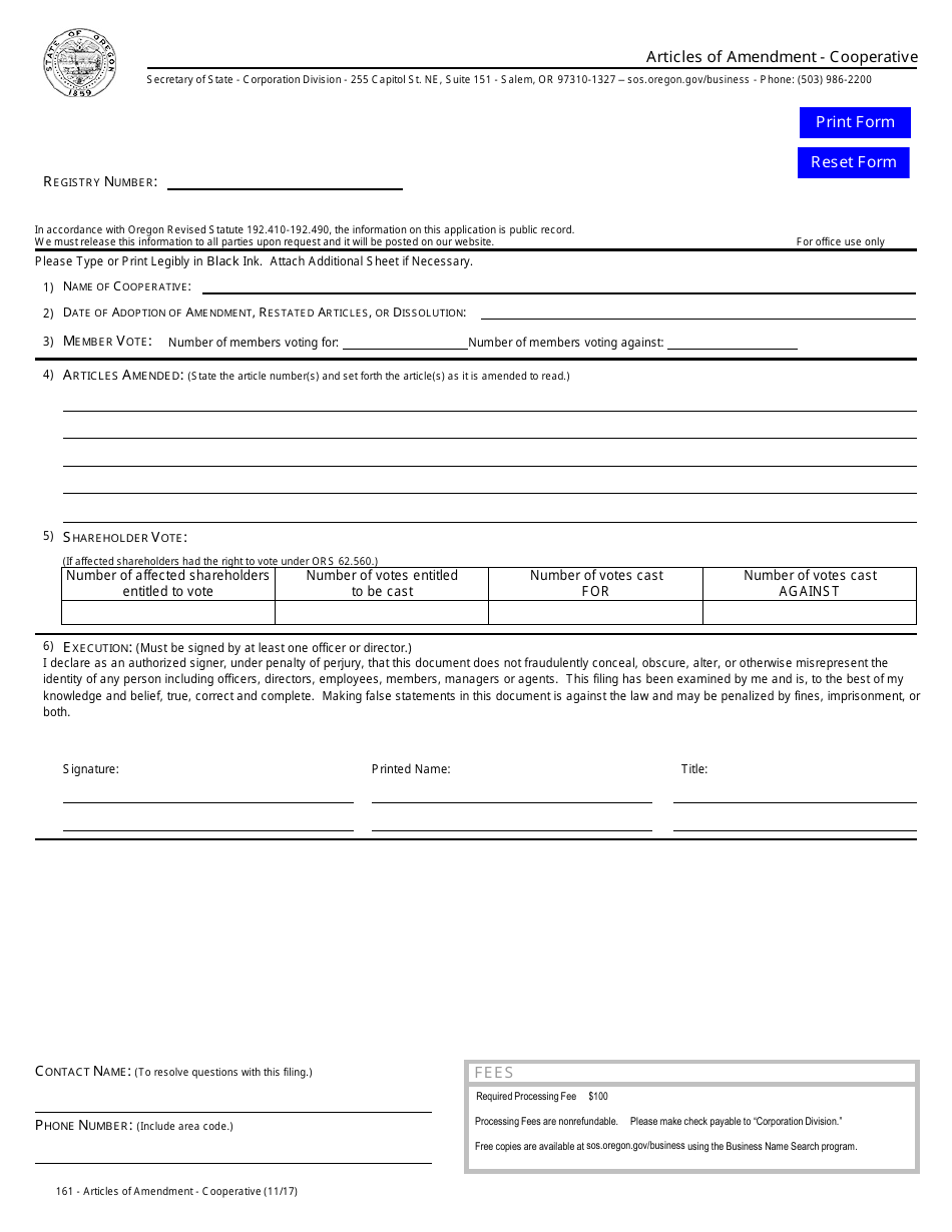 Oregon articles of amendment cooperative fill out sign online and
