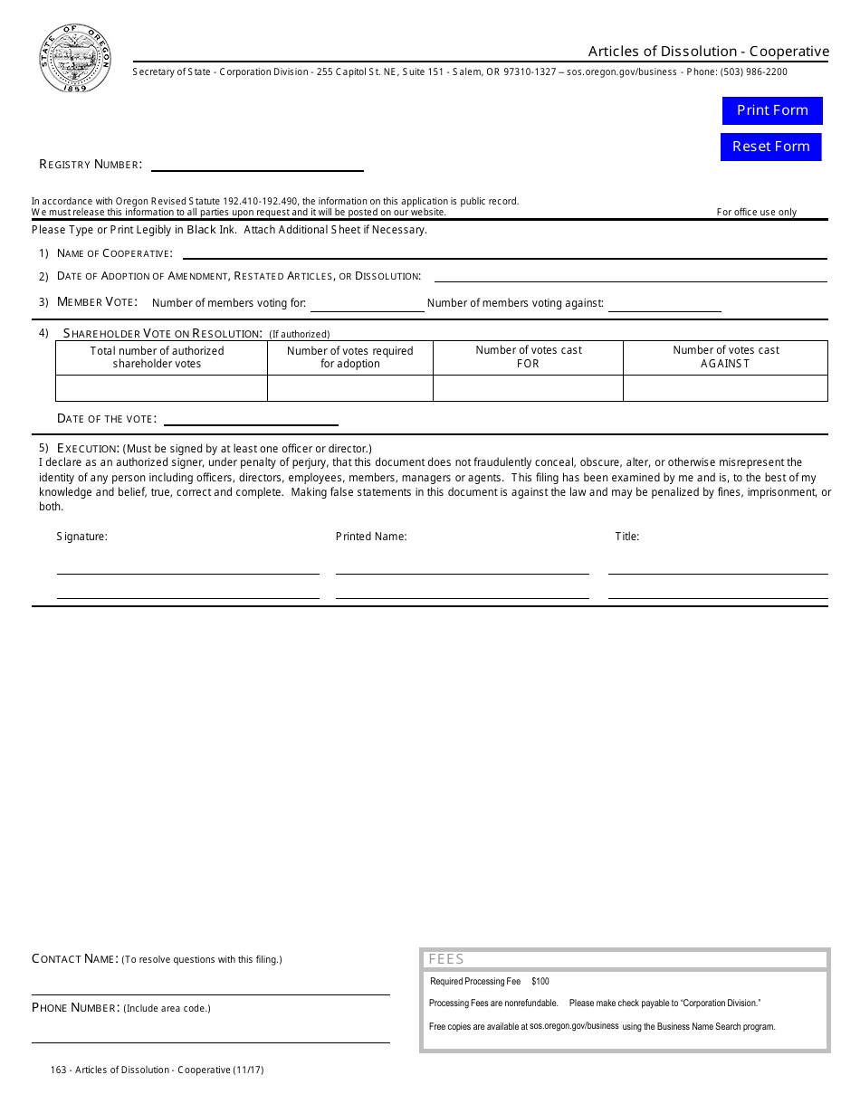 Articles of Dissolution - Cooperative - Oregon, Page 1