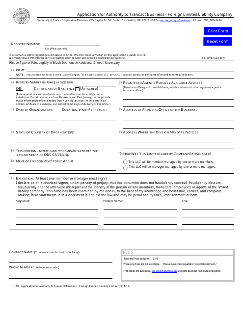 Application for Authority to Transact Business - Foreign Limited Liability Company - Oregon