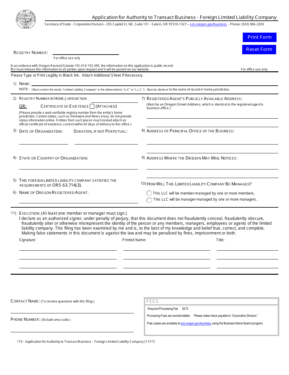 Application for Authority to Transact Business - Foreign Limited Liability Company - Oregon, Page 1