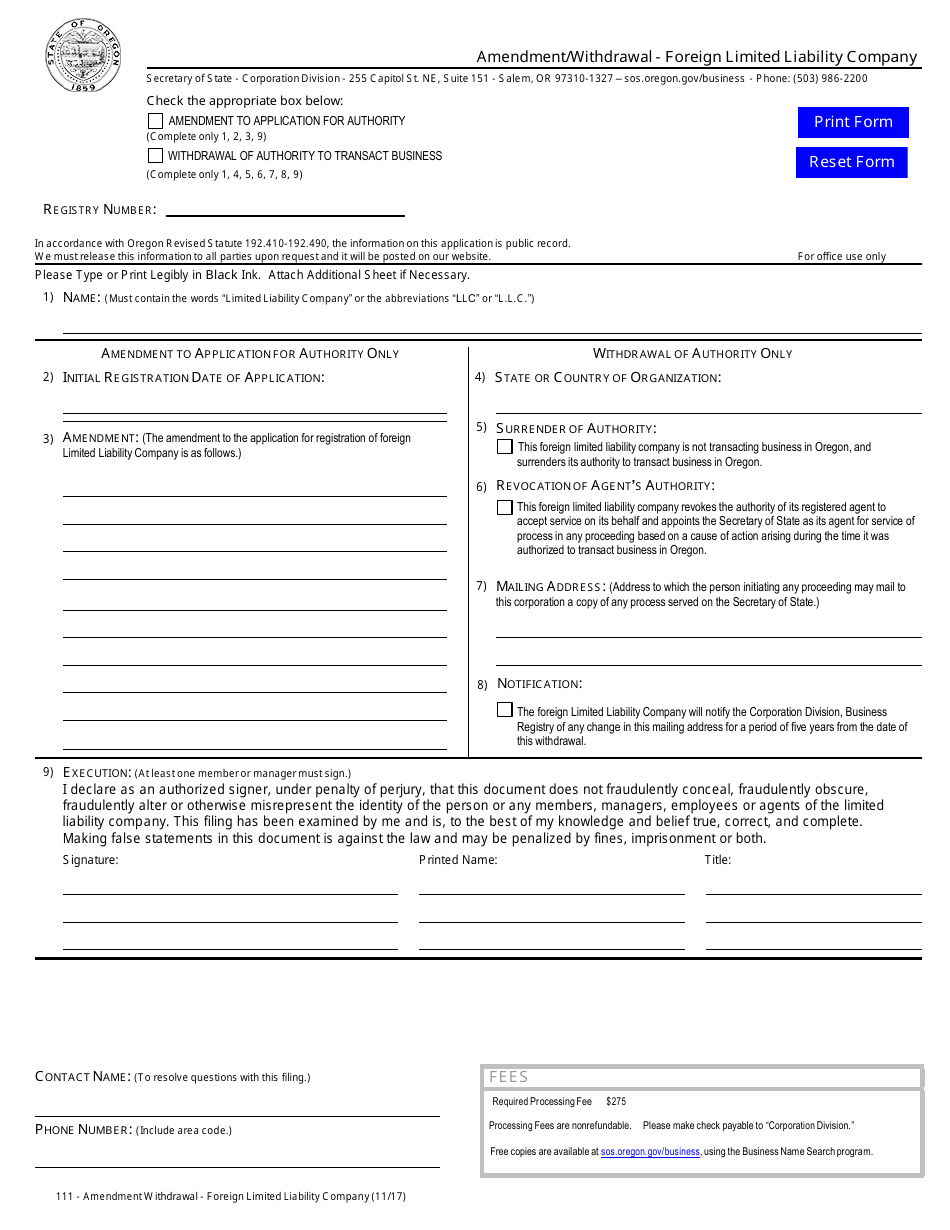 Amendment / Withdrawal - Foreign Limited Liability Company - Oregon, Page 1