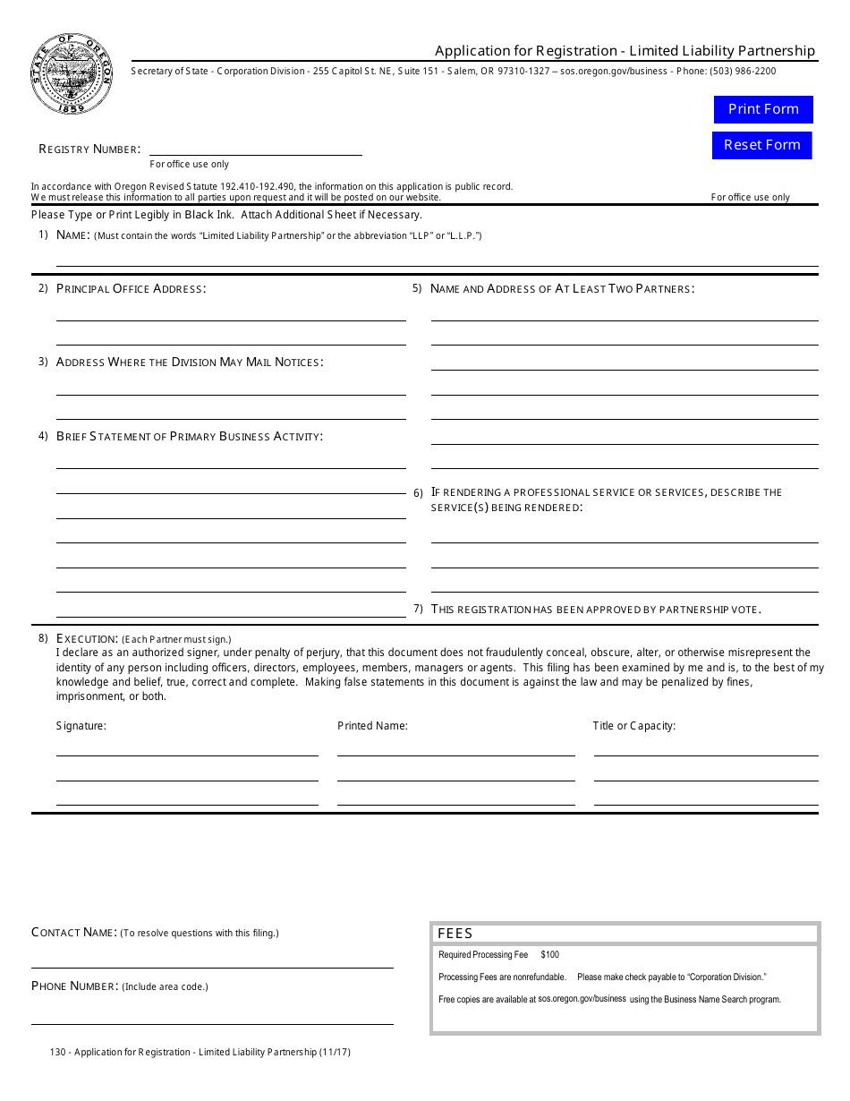 Application for Registration - Limited Liability Partnership - Oregon, Page 1