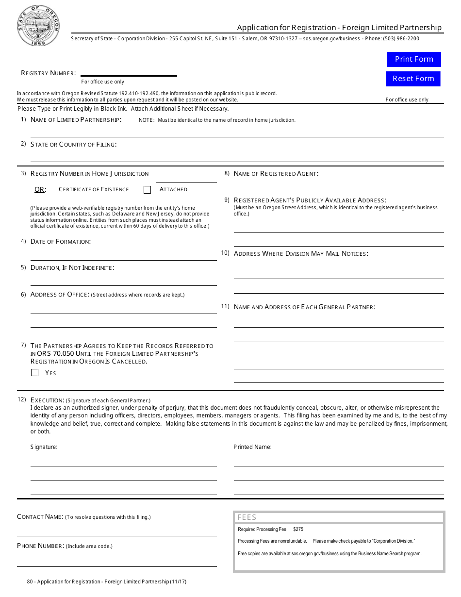 Application for Registration - Foreign Limited Partnership - Oregon, Page 1