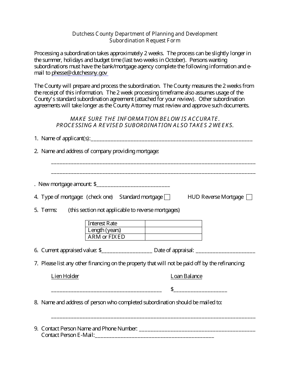 Subordination Request Form - Dutchess County, New York, Page 1
