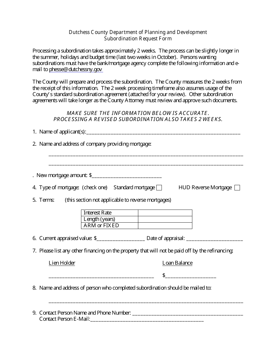 2023 Dutchess County, New York Subordination Request Form Fill Out