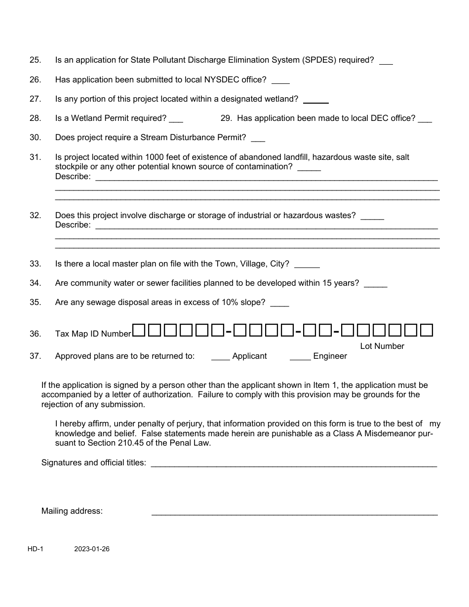 Form HD-1 Application for Approval of Plans for a Wastewater Disposal System - Dutchess County, New York, Page 2