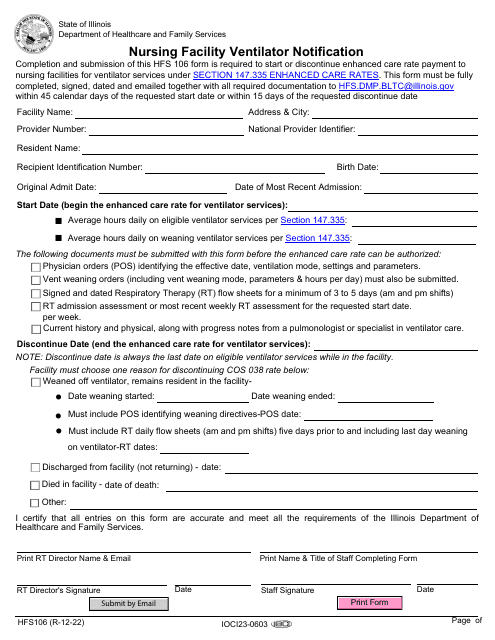 Form HFS106 Nursing Facility Ventilator Notification - Illinois