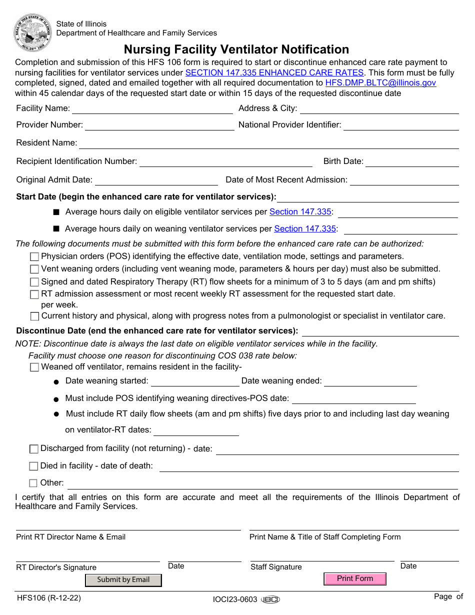 Form HFS106 Nursing Facility Ventilator Notification - Illinois, Page 1