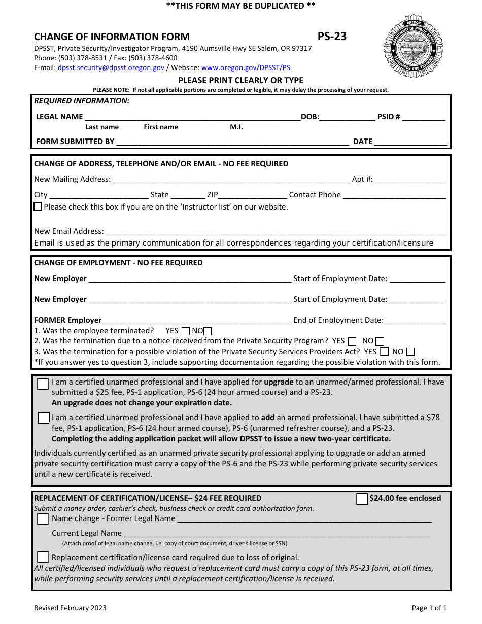 Form PS-23 Change of Information Form - Oregon, Page 1