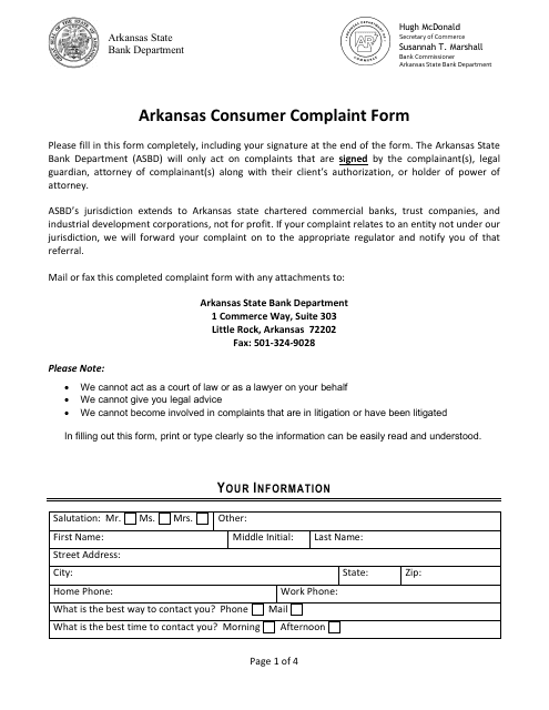 Arkansas Consumer Complaint Form - Arkansas Download Pdf