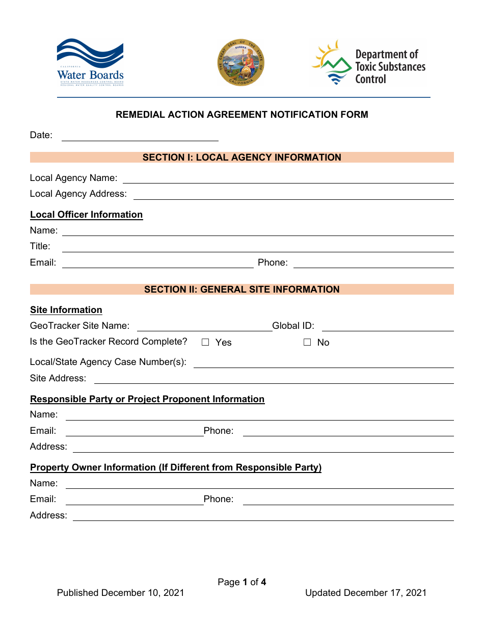 Remedial Action Agreement Notification Form - California, Page 1