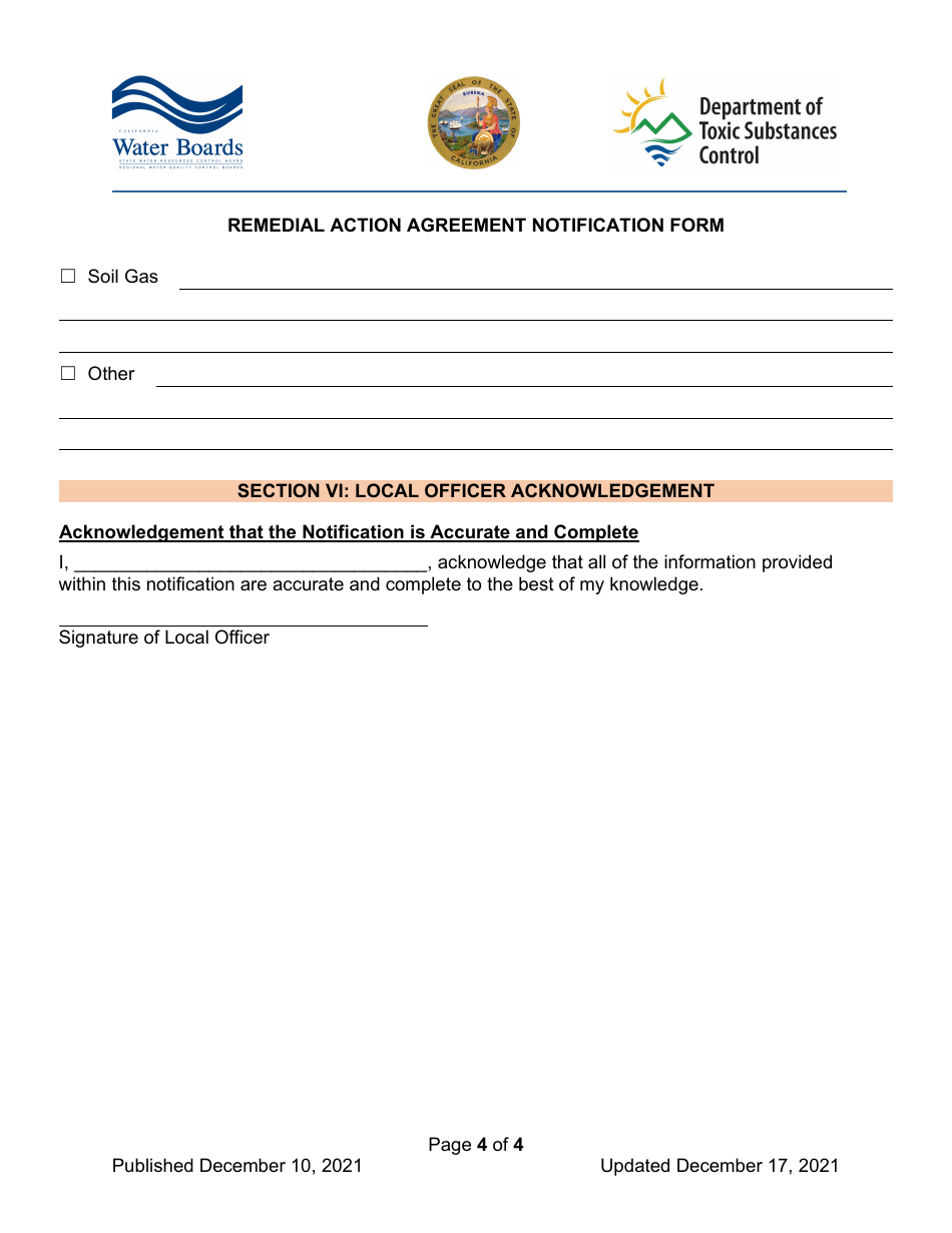 Remedial Action Agreement Notification Form - California, Page 4