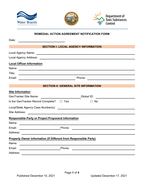 Remedial Action Agreement Notification Form - California Download Pdf